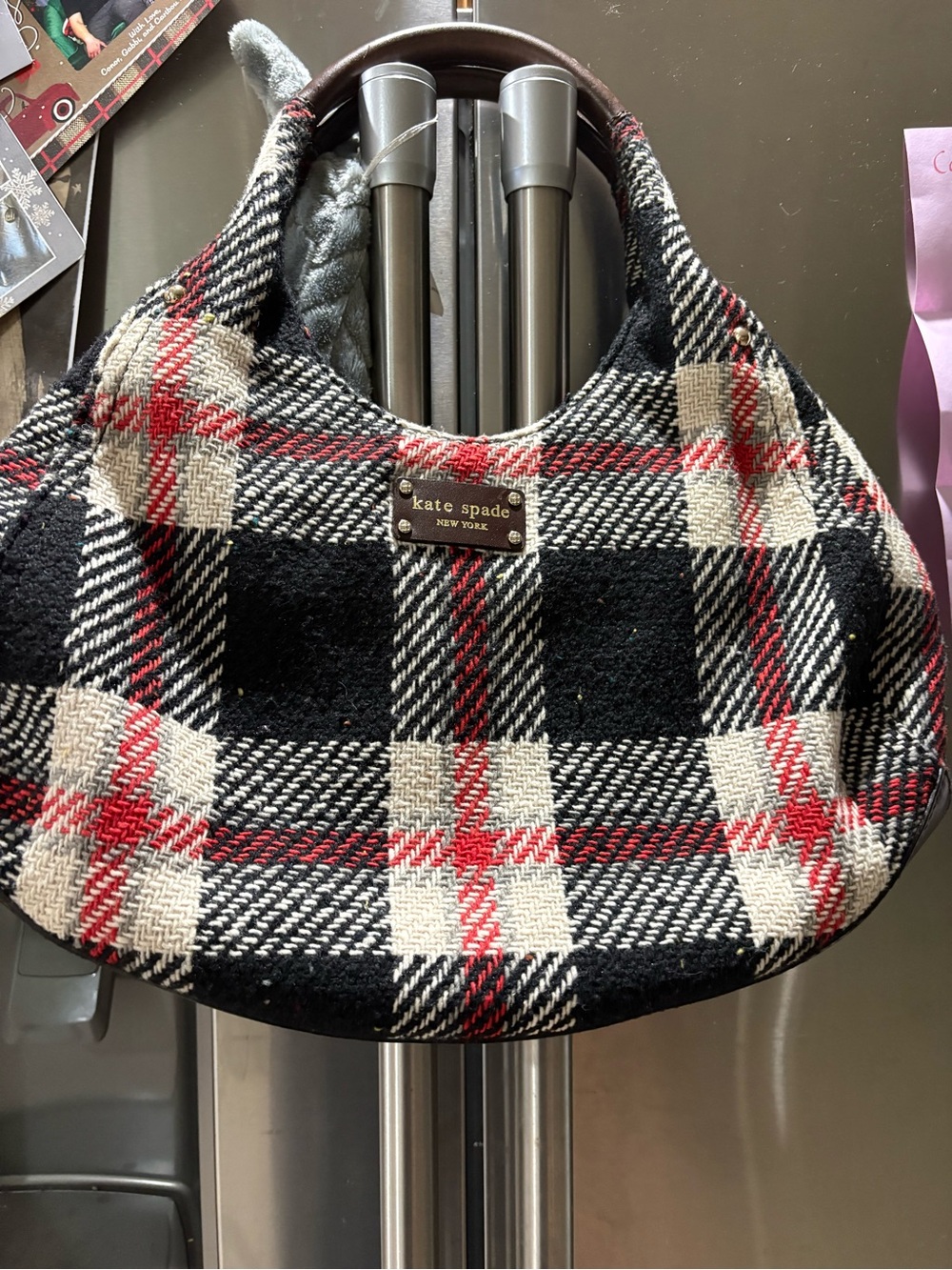 kate spade Black, White & Red Plaid Wool Hobo Bag - Picture 1 of 12